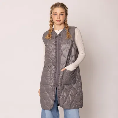 Truedames Solid Quilted Long Vest In Gray
