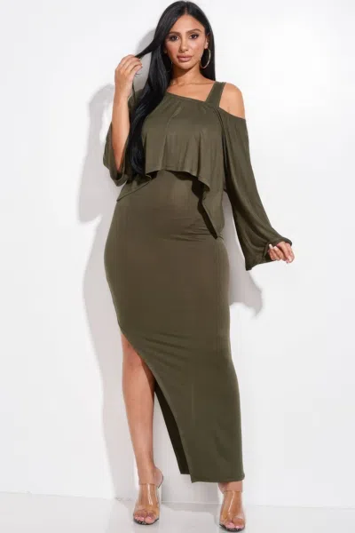 Truedames Solid Rayon Spandex Midi Length Tank Dress And Slouchy Cape Top Two Piece Set In Green