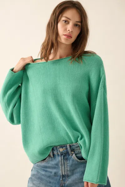 Truedames Solid Rib-knit Oversized Boatneck Sweater In Green