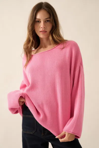 Truedames Solid Rib-knit Oversized Boatneck Sweater In Pink