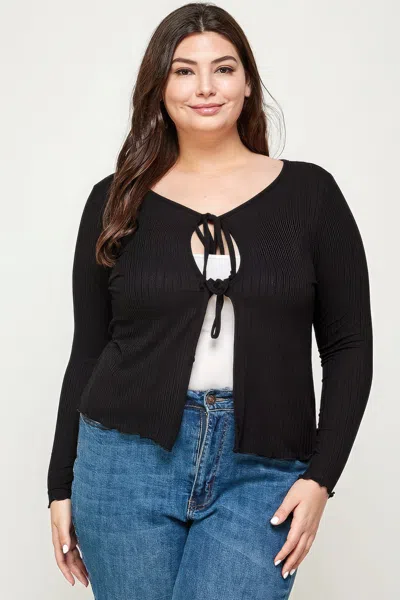 Truedames Solid Ribbed Pointelle Cardigan In Black