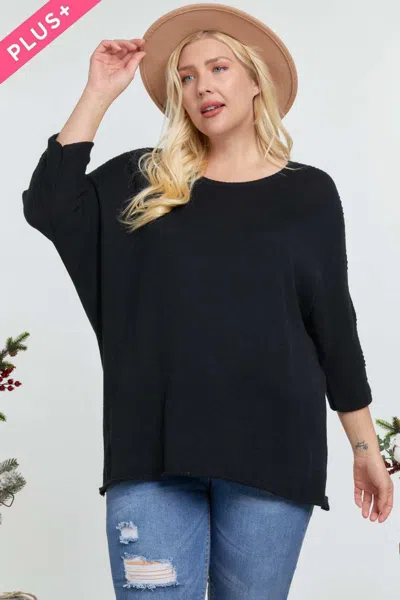 Truedames Solid Round Neck 3/4 Sleeve Sweater Top In Black