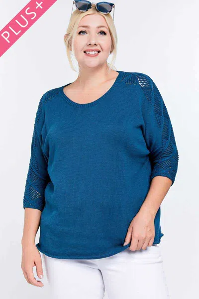 Truedames Solid Round Neck 3/4 Sleeve Sweater Top In Blue