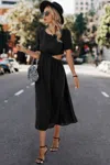 Truedames Solid Round Neck Cutout Waist A Line Midi Dress In Black
