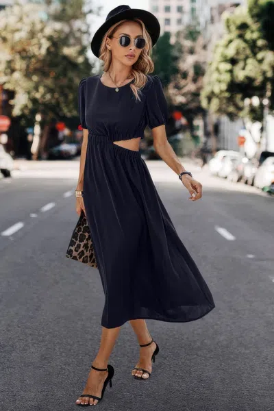 Truedames Solid Round Neck Cutout Waist A Line Midi Dress In Blue