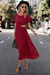 Truedames Solid Round Neck Cutout Waist A Line Midi Dress In Red