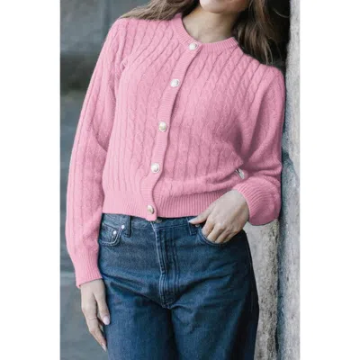 Truedames Solid Round Neck Knit Button Cable Sweater In Pink
