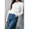 Truedames Solid Round Neck Knit Button Cable Sweater In White