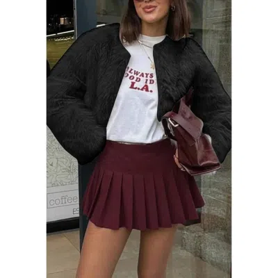 Truedames Solid Round Neck Lomh Sleeves Fluffy Jacket In Black