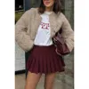 Truedames Solid Round Neck Lomh Sleeves Fluffy Jacket In Brown