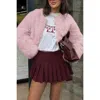 Truedames Solid Round Neck Lomh Sleeves Fluffy Jacket In Pink