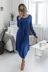 Truedames Solid Round Neck Long Sleeve Drawstring Dress In Blue