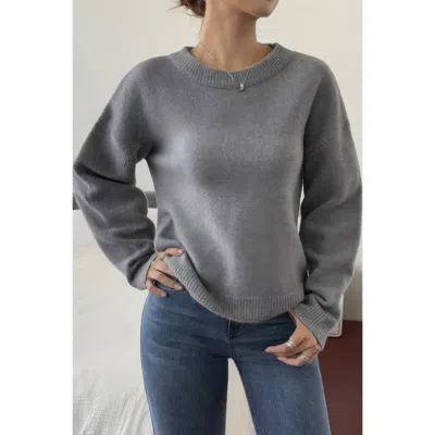 Truedames Solid Round Neck Long Sleeve Drop Shoulder Sweater In Gray