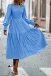 Truedames Solid Round Neck Puff Long Sleeve Midi Dress In Blue