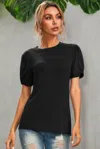 Truedames Solid Round Neck Puff Sleeve T-shirt In Black
