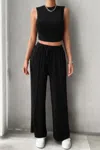 Truedames Solid Round Neck Sleeveless Drawstring Pockets Set In Black