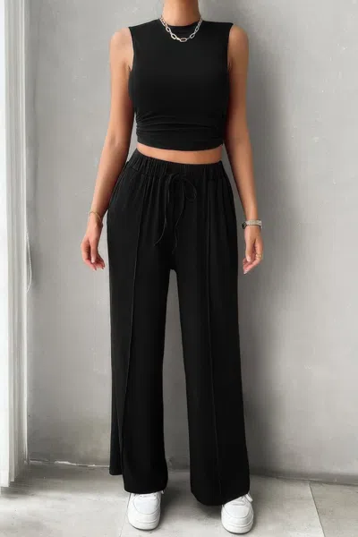 Truedames Solid Round Neck Sleeveless Drawstring Pockets Set In Black