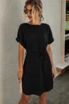 Truedames Solid Round Neck Tie Waist Belt Fit Dress In Black