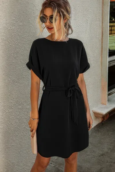 Truedames Solid Round Neck Tie Waist Belt Fit Dress In Black