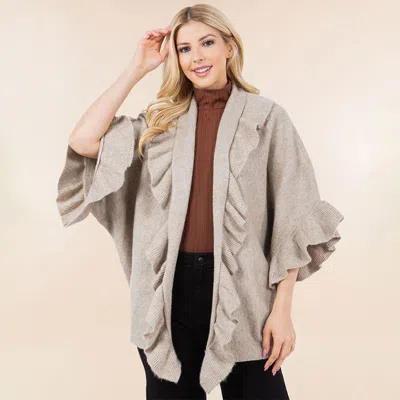 Truedames Solid Ruffle Accent Kimono Poncho In Beige