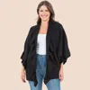 Truedames Solid Ruffle Accent Kimono Poncho In Black