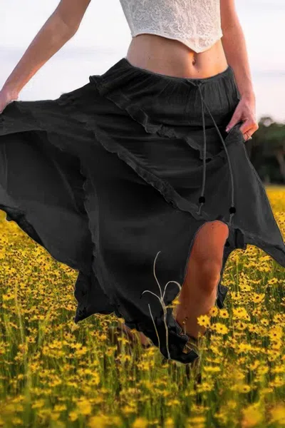Truedames Solid Ruffle Drawstring Waist Asymmetry Hem Skirt In Black