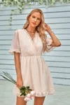 Truedames Solid Ruffle Hem Swiss Dot Short Sleeve Midi Dress In Neutral