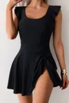 Truedames Solid Ruffle Knot Square Neck Fit Swim Dresses In Black