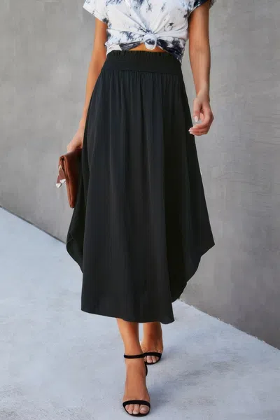 Truedames Solid Shirred Waist Asymmetrical Hem Flared Skirt In Black