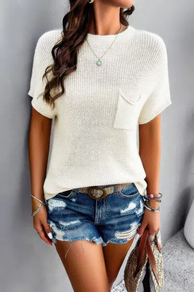 Truedames Solid Short Cap Sleeve Ribbed Knit Loose Top In White
