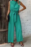 Truedames Solid Sleeveless Cut Out Back Belted Jumpsuit In Green