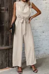 Truedames Solid Sleeveless Cut Out Back Belted Jumpsuit In White