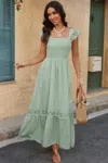 Truedames Solid Sleeveless Lace Patchwork Textured Dress In Green