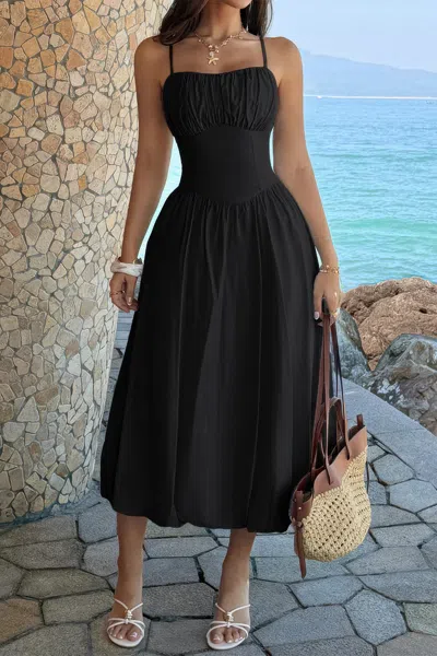 Truedames Solid Sleeveless Ruched Bust A Line Dress In Black