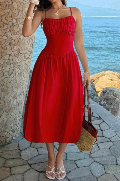 Truedames Solid Sleeveless Ruched Bust A Line Dress In Red
