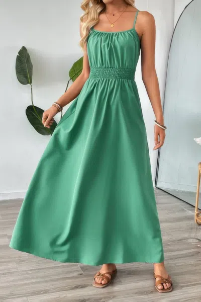 Truedames Solid Sleeveless Ruched Elactic Waist A Line Dress In Green