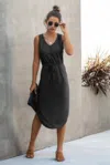 Truedames Solid Sleeveless Slim Waist V Neck Midi Dress In Black