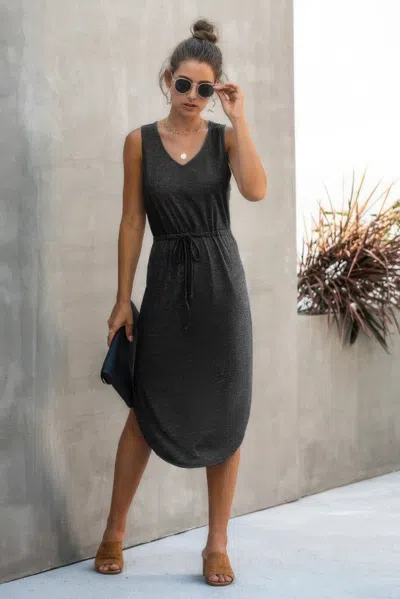TRUEDAMES SOLID SLEEVELESS SLIM WAIST V NECK MIDI DRESS