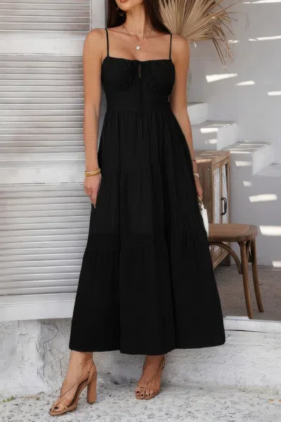 Truedames Solid Sleeveless Smocked Tiered Maxi Cami Dress In Black