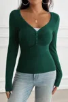 Truedames Solid Slim Fit V Neck Long Sleeve T Shirt In Green