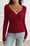 Truedames Solid Slim Fit V Neck Long Sleeve T Shirt In Red