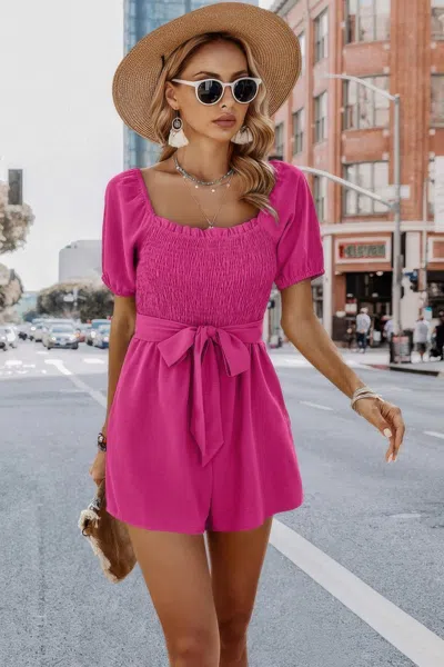 Truedames Solid Smocked Square Neck Waist Tie Romper In Pink