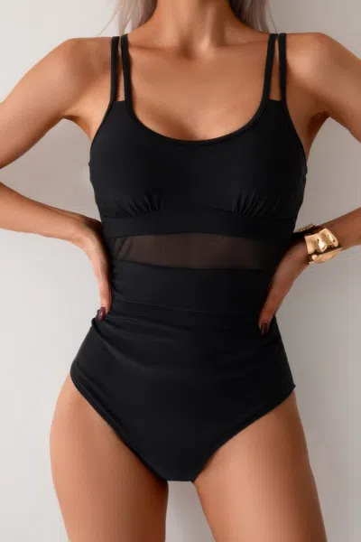 Truedames Solid Square Beck Double Strap Mesh Swimsuit In Black
