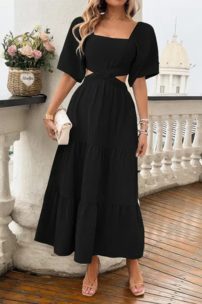 Truedames Solid Square Neck Cut Out Cross Ruffle Dress In Black