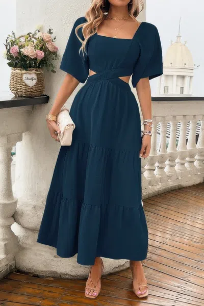 Truedames Solid Square Neck Cut Out Cross Ruffle Dress In Blue