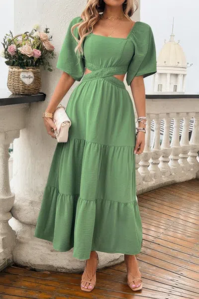 Truedames Solid Square Neck Cut Out Cross Ruffle Dress In Green