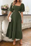 Truedames Solid Square Neck Cut Out Cross Ruffle Dress In Green