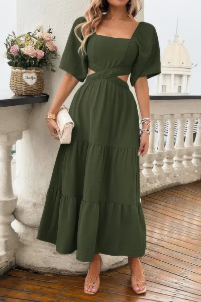 Truedames Solid Square Neck Cut Out Cross Ruffle Dress In Green