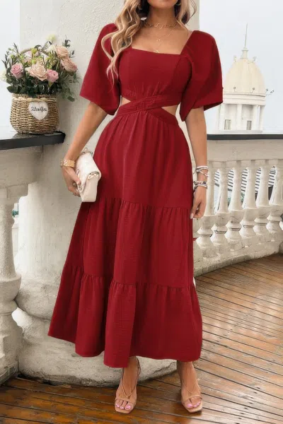Truedames Solid Square Neck Cut Out Cross Ruffle Dress In Red