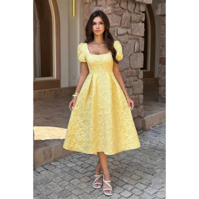 Truedames Solid Square Neck Puff Sleeve Midi Dress In Yellow